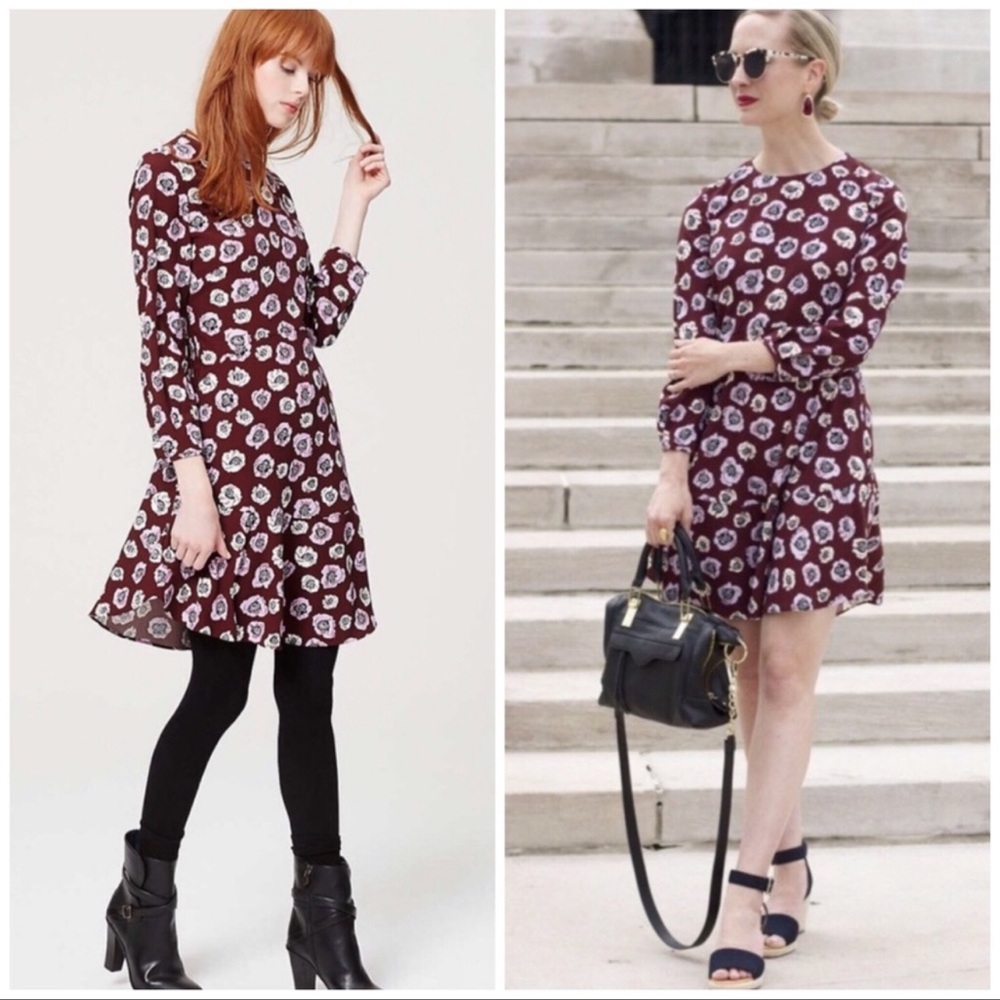 LOFT Ann Taylor Burgundy Floral MIDI Dress Sz 4